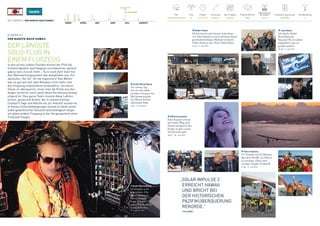 03. JULY 2015
MÄRZ APRIL MAI JUNI JULI AUGUST
FAI-Weltrekorde
3
Pilot
André Borschberg
Flugsimulationen
3800
Produzierte Solarenergie
2409 kWh
Flug
8
Flugzeit
117 h 52 m
Entfernung
8924 km
Max. Flughöhe
8634 m
Batterieladung 	
bei Ankunft
10.2%
ETAPPE 8 /
VON NAGOYA NACH HAWAII
DER LÄNGSTE
SOLO-FLUG IN
EINEM FLUGZEUG
In den ersten sieben Stunden konnte der Pilot bei
Schwierigkeiten nach Nagoya zurückkehren, danach
gab es kein Zurück mehr... Kurz nach dem Start fiel
das Überwachungssystem des Autopiloten aus. Ein
absolutes „No-Go“ für die Ingenieure! Das Wetter
war so gut wie seit zwei Monaten nicht mehr und
das Flugzeug funktionierte einwandfrei. Um einen
Ozean zu überqueren, muss man die Küste aus den
Augen verlieren, auch wenn diese Vorstellung beäng-
stigend ist. Das ganze Team musste diese Lektion
lernen, genau wie André, der in seinem kleinen
Cockpit 5 Tage und Nächte bis zur Ankunft ausharrte.
In diesen Extrembedingungen konnte er dank seiner
außergewöhnlichen Konzentrationsfähigkeit länger
als jedes andere Flugzeug in der Vergangenheit ohne
Treibstoff fliegen.
André Borschberg
Am vierten Tag
war ich sehr müde,
nachdem ich quasi vier
Mal hintereinander
den Mount Everest
erklommen habe.
4:50 – 3. Juli 2015
UN Environment
Solar Impulse erreicht
auf seinem Weg nach
Hawaii erfolgreich den
Punkt, an dem es kein
Zurück mehr gibt.
18:05 – 30. Juni 2015
Solar Impulse
117 Stunden und 52 Minuten
über dem Pazifik, um Hawaii
zu erreichen. Ohne einen
einzigen Tropfen Treibstoff.
21:00 – 3. Juli 2015
Joel Dicker
Ich drücke André
Borschberg die
Daumen! Es ist einfach
unglaublich, was sie
gerade machen!
10:30 – 2. Juli 2015
Robert Swan
Ich bin extrem stolz darauf, Schirmherr
von Solar Impulse zu sein und heute diesen
geschichtsträchtigen Moment zu feiern!
Vielen Dank an das Team! Tolle Arbeit!
21:24 – 3. Juli 2015
„SOLAR IMPULSE 2 	
ERREICHT HAWAII 	
UND BRICHT BEI 	
DER HISTORISCHEN 	
PAZIFIKÜBERQUERUNG 	
REKORDE.“
	 FOX NEWS
André Borschberg
Ich kämpfe, es ist
echt schwer...Das
Energieniveau zu
halten, ist nicht
leicht. Ich muss
einen Weg durch die
Kaltfront finden.
16:29 – 2. Juli 2015
28 / ETAPPE 8 / VON NAGOYA NACH HAWAII
 