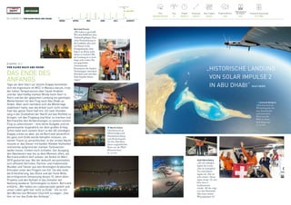 50 / ETAPPE 17 / VON KAIRO NACH ABU DHABI
EGYPT_BADGE_ETAPE_AUTOCOLLANT_PROD.pdf 1 11.07.16 11:35
26. JULI 2016
MÄRZ APRIL MAI JUNI JULI AUGUST
Pilot
Bertrand Piccard
Flugsimulationen
1456
Produzierte Solarenergie
917.9 kWh
Flug
17
Flugzeit
48 h37 m
Entfernung
2694 km
Max. Flughöhe
8534 m
Batterieladung 	
bei Ankunft
42%
„HISTORISCHE LANDUNG
VON SOLAR IMPULSE 2
	 IN ABU DHABI“ GULF NEWS
ETAPPE 17 /
VON KAIRO NACH ABU DHABI
DAS ENDE DES
ANFANGS
Tage vor dem Start zur letzten Etappe bemühten
sich die Ingenieure im MCC in Monaco darum, trotz
der hohen Temperaturen über Saudi-Arabien 	
und der übermäßig starken Winde beim Start in
Kairo und bei der geplanten Landung ein günstiges 	
Wetterfenster für den Flug nach Abu Dhabi zu
finden. Aber auch nachdem sich die Wetterlage
stabilisiert hatte, war die Arbeit noch nicht vorbei.
Fast das ganze Team half mit, Si2 zwei Stunden
lang in der Dunkelheit der Nacht auf das Rollfeld zu
bringen, um das Flugzeug startklar zu machen und
Bertrand bei den Vorbereitungen zu seinem letzten
Flug zu unterstützen – eine letzte Aufgabe und ein
gemeinsamer Augenblick vor dem großen Erfolg.
Schon bald nach seinem Start zu der 48-stündigen
Etappe schien es aber, als ob Bertrand tatsächlich
bis ganz zum Ende würde kämpfen müssen, um
seinen Traum zu verwirklichen. In der ersten Nacht
musste er das Steuer mit beiden Händen festhalten
und konnte aufgrund der starken Turbulenzen
weder essen, trinken noch schlafen. Der Ausgang
des Abenteuers war bis zu dem Moment offen, als
Bertrand endlich dort ankam, wo André im März
2015 gestartet war. Bei der Ankunft versammelten
sich offizielle Vertreter, Partner und traditionelle
Musiker und Tänzer aus den Vereinigten Arabischen 	
Emiraten unter den Flügeln von Si2. Sie alle einte
die Erleichterung, das Glück und der feste Wille,
die erfolgreiche Umsetzung dieses 15 Jahre alten
Projekts und den Auftakt in das Zeitalter der
Nutzung sauberer Technologien zu feiern. Bertrand
erklärte: „Wir haben ein Lebensprojekt geteilt und
unser Leben geht hier nicht zu Ende.“ Um es mit
den Worten von Winston Churchill zu sagen: „Das
hier ist nur das Ende des Anfangs“…
Leonardo DiCaprio
„Glückwunsch an
@SolarImpulse für
eine fantastische
und innovative
Reise um die
Welt in einem
Solarflugzeug.“
26. Juli 2016
Martin Schulz
Glückwunsch an
@bertrandpiccard
@andreborschberg
und @solarimpulse
für den Abschluss
dieser unglaublichen
Reise um die Welt!
#futureisclean
26. Juli 2016
Bertrand Piccard
„Wir haben es geschafft.
Wir sind 40 000 km ohne
Treibstoff geflogen. Eine
echte Pionierleistung in
der Luftfahrt, aber auch
ein Novum in der
Energie­branche. Jetzt
liegt es an Ihnen, mehr
daraus zu machen! Mit
der Landung ist es noch
lange nicht vorbei. Die
neu gegründete
‚Internationale
Kommission für Saubere
Technologien‘ wird diese
Botschaft noch weit über
Solar Impulse hinaus
tragen.“
André Borschberg
„Als wir anfingen,
sagten die Leute:
‚Das ist unmöglich‘.
Vor zwei Jahren
sagten sie: ‚Das ist
echt schwer‘. Heute
sagen einige: ‚Es war
klar, dass es
funktionieren
würde‘. All das zeigt
nur, dass Bertrands
Idee einen weiten
Weg gegangen ist.“
 