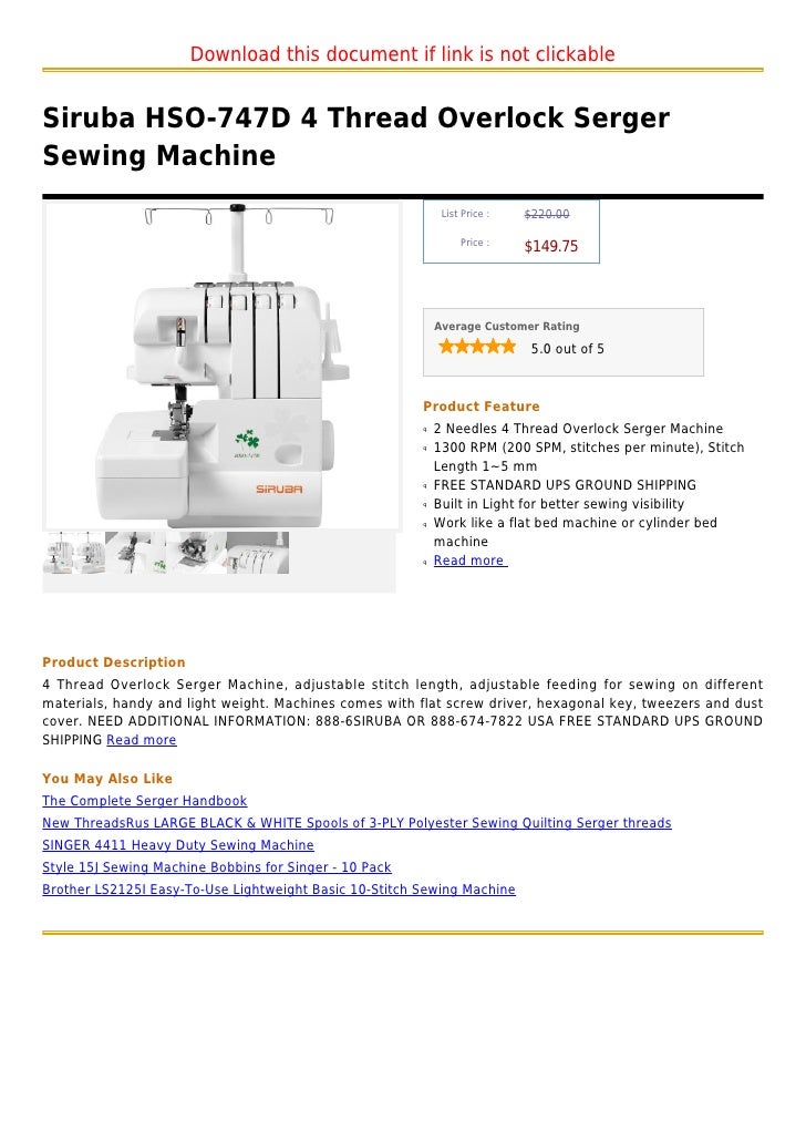 Siruba hso 747 d 4 thread overlock serger sewing machine