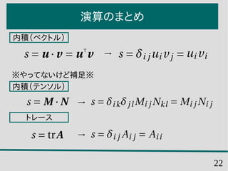 22
演算のまとめ
内積（ベクトル）
内積（テンソル）
※やってないけど補足※
トレース
 