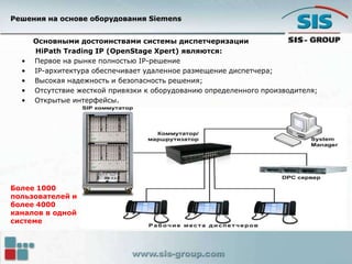 Решения на основе оборудования Siemens
Основными достоинствами системы диспетчеризации
HiPath Trading IP (OpenStage Xpert) являются:
• Первое на рынке полностью IP-решение
• IP-архитектура обеспечивает удаленное размещение диспетчера;
• Высокая надежность и безопасность решения;
• Отсутствие жесткой привязки к оборудованию определенного производителя;
• Открытые интерфейсы.
Более 1000
пользователей и
более 4000
каналов в одной
системе
 