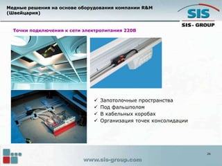 26
Точки подключения к сети электропитания 220В
 Запотолочные пространства
 Под фальшполом
 В кабельных коробах
 Организация точек консолидации
Медные решения на основе оборудования компании R&M
(Швейцария)
 