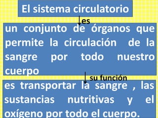 El sistema circulatorio
un conjunto de órganos que
permite la circulación de la
sangre por todo nuestro
cuerpo
es transportar la sangre , las
sustancias nutritivas y el
oxígeno por todo el cuerpo.
es
su función