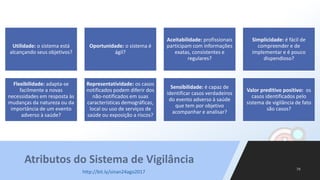 Atributos do Sistema de Vigilância
Utilidade: o sistema está
alcançando seus objetivos?
Oportunidade: o sistema é
ágil?
Aceitabilidade: profissionais
participam com informações
exatas, consistentes e
regulares?
Simplicidade: é fácil de
compreender e de
implementar e é pouco
dispendioso?
Flexibilidade: adapta-se
facilmente a novas
necessidades em resposta às
mudanças da natureza ou da
importância de um evento
adverso à saúde?
Representatividade: os casos
notificados podem diferir dos
não-notificados em suas
características demográficas,
local ou uso de serviços de
saúde ou exposição a riscos?
Sensibilidade: é capaz de
identificar casos verdadeiros
do evento adverso à saúde
que tem por objetivo
acompanhar e analisar?
Valor preditivo positivo: os
casos identificados pelo
sistema de vigilância de fato
são casos?
http://bit.ly/sinan24ago2017
 