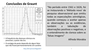 Conclusões de Graunt
• A frequência das doenças crônicas era
previsível, a peste não era
• O contágio da peste dependia de algum fator
que não ficava permanentemente em Londres
“No período entre 1561 e 1626, foi
se instaurando o ‘Método novo’ de
pesquisa observacional que omitiu
todas as especulações astrológicas,
quando começou a aceitar apenas
as observações ou as evidências,
também a tabulação de
observações positivas e negativas, e
o entendimento de clareza sobre as
‘falsas imagens”
Alfredo Morabia
http://bit.ly/sinan24ago2017 8
 