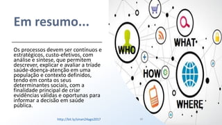 Em resumo...
Os processos devem ser contínuos e
estratégicos, custo-efetivos, com
análise e síntese, que permitem
descrever, explicar e avaliar a tríade
saúde-doença-atenção em uma
população e contexto definidos,
tendo em conta os seus
determinantes sociais, com a
finalidade principal de criar
evidências válidas e oportunas para
informar a decisão em saúde
pública.
80http://bit.ly/sinan24ago2017
 