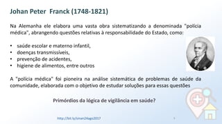 Na Alemanha ele elabora uma vasta obra sistematizando a denominada "polícia
médica", abrangendo questões relativas à responsabilidade do Estado, como:
• saúde escolar e materno infantil,
• doenças transmissíveis,
• prevenção de acidentes,
• higiene de alimentos, entre outros
A "polícia médica" foi pioneira na análise sistemática de problemas de saúde da
comunidade, elaborada com o objetivo de estudar soluções para essas questões
Johan Peter Franck (1748-1821)
Primórdios da lógica de vigilância em saúde?
http://bit.ly/sinan24ago2017 9
 