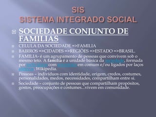  SOCIEDADE CONJUNTO DE
FAMILIAS
 CELULA DA SOCIEDADE =>FAMILIA
 BAIRROS =>CIDADES =>REGIÕES =>ESTADO =>BRASIL.
 FAMILIA- é um agrupamento de pessoas que convivem sob o
mesmo teto. A família é a unidade básica da sociedade, formada
por indivíduos com ancestrais em comum e/ou ligados por laços
afetivos. Wikipedia.
 Pessoas – indivíduos com identidade, origem, credos, costumes,
personalidades, medos, necessidades, compartilham entre si.
 Sociedade – conjunto de pessoas que compartilham propósitos,
gostos, preocupações e costumes...vivem em comunidade.
 