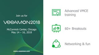 Join us for
Advanced VMCE
training
60+ Breakouts
Networking & fun
www.veeamon.com
McCormick Center, Chicago
May 14 – 16, 2018
 