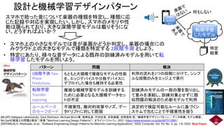 設計と機械学習デザインパターン
スマホで拾った音について楽器の種類を特定し、種類に応
じた記録や対応を実現したい。しかし、スマホのメモリや性
能は限られており、大きな深層学習モデルは載りそうにな
い。どうすればよいか？
21
転移学習
したモデル
小さな
判別モ
デル
何もしない
特定
結果
パターン 問題 解決
2段階予測 Two-
Phase
Predictions
もともと大規模で複雑なモデルの性能
を、エッジデバイスや分散デバイスに
デプロイした場合も維持する必要性
利用の流れを2つの段階に分けて、シンプ
ルな段階のみをエッジ上で実行
転移学習
Transfer
Learning
複雑な機械学習モデルを訓練する
ために必要となる大規模データセッ
トの不足
訓練済みモデルの一部の層を取り出し
て重みを凍結し、訓練対象とせずに類
似問題の解決のため新モデルで利用
ルールベース
のセーフガード
不確実性、敵対的攻撃やノズ、デー
タドリフトに対して脆弱
決定的で検証可能なルールに基づくシ
ステムで包むことで不確実性を扱う
• スマホ上の小さなモデルでは音が楽器かどうか判定し、楽器の場合にの
みクラウド上の大きなモデルで種類を特定する 2段階予測 としよう。
• 特定にあたり、様々な音データによる既存の訓練済みモデルを用いて転
移学習 したモデルを用いよう。
[MLDP] Valliappa Lakshmanan, Sara Robinson, Michael Munn著, 鷲崎弘宜, 竹内広宜, 名取直毅, 吉岡信和 訳, “機械学習デザインパターン – データ準備、モデル構築、
MLOpsの実践上の問題と解決”（原著 “Machine Learning Design Patterns”）, オライリージャパン, 2021. https://www.amazon.co.jp/dp/4873119561
[SEP4MLA] H. Washizaki, et al., “Software Engineering Design Patterns for Machine Learning Applications,” IEEE Computer, Vol. 55, No. 3, pp. 1-9, 2022 Best Paper
 