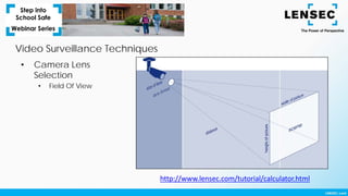 Video Surveillance Techniques
• Camera Lens
Selection
• Field Of View
http://www.lensec.com/tutorial/calculator.html
 