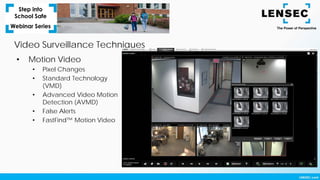 Video Surveillance Techniques
• Motion Video
• Pixel Changes
• Standard Technology
(VMD)
• Advanced Video Motion
Detection (AVMD)
• False Alerts
• FastFind™ Motion Video
 