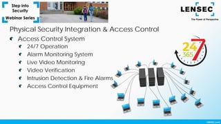 24/7 Operation
Alarm Monitoring System
Live Video Monitoring
Video Verification
Intrusion Detection & Fire Alarms
Access Control Equipment
Access Control System
Physical Security Integration & Access Control
 