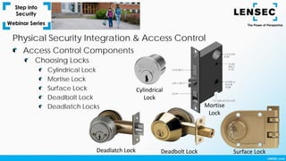 Choosing Locks
Cylindrical Lock
Mortise Lock
Surface Lock
Deadbolt Lock
Deadlatch Locks
Access Control Components
Physical Security Integration & Access Control
Cylindrical
Lock
Mortise
Lock
Surface LockDeadbolt LockDeadlatch Lock
 