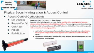 Exit Devices
Request To Exit
Crash Bar
PIR-RTE
Push Button
Access Control Components
Physical Security Integration & Access Control
 