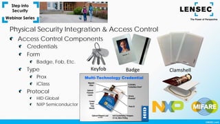 Credentials
Form
Badge, Fob, Etc.
Type
Prox
iClass
Protocol
HID Global
NXP Semiconductor
Access Control Components
Physical Security Integration & Access Control
Keyfob Badge Clamshell
 