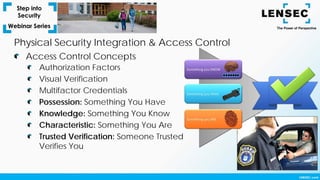 Authorization Factors
Visual Verification
Multifactor Credentials
Possession: Something You Have
Knowledge: Something You Know
Characteristic: Something You Are
Trusted Verification: Someone Trusted
Verifies You
Access Control Concepts
Physical Security Integration & Access Control
 