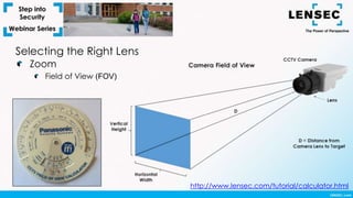 Selecting the Right Lens
Zoom
Field of View (FOV)
http://www.lensec.com/tutorial/calculator.html
 