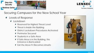 Levels of Response
Lockdown
Reserved for Highest Threat Level
Threat is Inside the Building
District Lockdown Procedures Activated
Perimeter Secured
Students in a Safe Area
If Safe Area is in the Building, the
Entrance is Barricaded
Exit the Area if it Becomes Unsafe
Securing Campuses for the New School Year
 