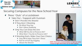 Securing Campuses for the New School Year
Three “Outs” of a Lockdown
Take Out – Trapped with Gunman
Don’t Provoke the Shooter
If They Aren’t Shooting
Do What They Say
Don’t Move Suddenly
Only You Can Draw the Line
What Will You Do to Preserve Life?
What Won’t You Do to Preserve Life?
If Shooting Starts, Make Your Own Choice
Stay Still & Hope They Don’t Shoot
Run for an Exit Zig-Zagging
Attack the Shooter
NOTE: This is not a recommendation to fight but rather
a choice to fight where there are no other options.
 