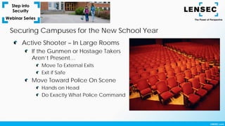 Securing Campuses for the New School Year
Active Shooter – In Large Rooms
If the Gunmen or Hostage Takers
Aren’t Present…
Move To External Exits
Exit if Safe
Move Toward Police On Scene
Hands on Head
Do Exactly What Police Command
 