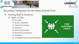 Training Staff & Students
Types of Drills
Fire Drills
Severe Weather
Class Evacuation
Stay Put
Secure Perimeter
Reverse Evacuations
Intruders
Lockdown with Active Shooter
Securing Campuses for the New School Year
 