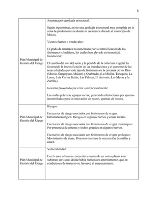 8
Plan Municipal de
Gestión del Riesgo
Amenaza por geología estructural:
Según Ingeominas, existe una geología estructural muy compleja en la
zona de piedemonte en donde se encuentra ubicado el municipio de
Mocoa.
Vientos fuertes o vendavales:
El grado de amenaza ha aumentado por la intensificación de los
fenómenos climáticos, los cuales han elevado su intensidad.
Inundación:
El cambio del uso del suelo y la perdida de la cobertura vegetal ha
favorecido la intensificación de las inundaciones y el aumento de las
áreas afectadas por este tipo de fenómeno en la cercanía de los Ríos
(Mocoa, Sangoyaco, Mulato) y Quebradas (La Misión, Taruquita, La
Loma, Luis Carlos Galán, Las Palmas, El Arrimón, Las Moras y la
Zorrilla).
Incendio provocado por error o intencionalmente:
Las malas prácticas agropecuarias, generando afectaciones por quemas
incontroladas para la renovación de pastos, quemas de basura.
Plan Municipal de
Gestión del Riesgo
Riesgos:
Escenarios de riesgo asociados con fenómenos de origen
hidrometeorológico: Riesgos en algunos barrios y zonas rurales.
Escenarios de riesgo asociados con fenómenos de origen tecnológico:
Por presencia de antenas y techos grandes en algunos barrios.
Escenarios de riesgo asociados con fenómenos de origen geológico:
Movimientos de masa, Procesos erosivos de socavación de orillas y
cauce.
Plan Municipal de
Gestión del Riesgo
Vulnerabilidad:
En el casco urbano se encuentra construido en zonas planas con
substrato arcilloso, donde había humedales anteriormente, que en
condiciones de invierno se favorece el empozamiento.
 