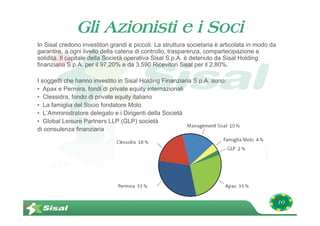 Gli Azionisti e i Soci
In Sisal credono investitori grandi e piccoli. La struttura societaria è articolata in modo da
garantire, a ogni livello della catena di controllo, trasparenza, compartecipazione e
solidità. Il capitale della Società operativa Sisal S.p.A. è detenuto da Sisal Holding
finanziaria S.p.A. per il 97,20% e da 3.590 Ricevitori Sisal per il 2,80%.

I soggetti che hanno investito in Sisal Holding Finanziaria S.p.A. sono:
• Apax e Permira, fondi di private equity internazionali
• Clessidra, fondo di private equity italiano
• La famiglia del Socio fondatore Molo
• L’Amministratore delegato e i Dirigenti della Società
• Global Leisure Partners LLP (GLP) società
di consulenza finanziaria




                                                                                                 10
 