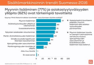 Sisältömarkkinoinnin trendit
Suomessa
2016 
Sisältömarkkinoinnin trendit 2016, IROResearch, Oy
Myynnin lisääminen (77%) ja...