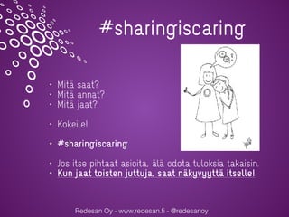 Redesan Oy - www.redesan.ﬁ - @redesanoy
#sharingiscaring
• Mitä saat?
• Mitä annat?
• Mitä jaat?
• Kokeile!
• #sharingisca...