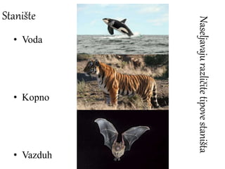 Stanište
• Voda
• Kopno
• Vazduh
Naseljavajurazličitetipovestaništa
 