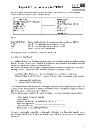 Layout de Arquivos Resolução 174/2002                               TC EES
Os disquetes da prestação de contas mensal deverão ser identificados pela unidade gestora
através de etiquetas padronizadas conforme abaixo:

    TITULO: PCM                                                    TITULO: PCM
    UNIDADE: XXXWYYKKKKK                                           UNIDADE:
    NOME UG:______                                                 XXXWYYKKKKK NOME
                                        .......................... UG: _____
    ANO: YYYY
                                        .
    MÊS: WW                                                        ANO: YYYY
    DISCO: 1/N                                                     MÊS: WW
                                                           DISCO: N/N

Onde:

XXWYYKKKKK:          Código de identificação da unidade gestora fornecido pelo TCEES
YYYY:                Ano de referência da prestação de contas mensal
WW:                  Mês de referência da prestação de contas mensal
N:                   Número total de disquetes enviados

Os disquetes deverão ser enviados ao Protocolo do TCEES.

1.5 - Remessa via Internet

As Unidades Gestoras que desejarem enviar os arquivos especificados nesta resolução através da
Internet deverão oficiar a este Tribunal de Contas este procedimento, indicando o endereço
eletrônico a ser utilizado para o envio dos arquivos.
Os arquivos deverão ser enviados para o seguinte endereço eletrônico: sisaudpc@tce.es.gov.br.
O campo assunto (subject) do e-mail deverá ser preenchido da seguinte forma:

    “AberturaCódigo da UGAno” - no envio de arquivos de abertura do exercício ou
    “MensalCódigo da UGAnoMês” - no envio de arquivos das prestações de contas mensais

    Ex.: Abertura001E07000012002
         Mensal001E0700001200201

A Unidade Gestora deverá utilizar uma mensagem eletrônica para cada prestação de contas, isto
é, numa mesma mensagem não poderão estar anexados arquivos de abertura e arquivos mensais,
bem como arquivos mensais de meses diferentes.
O corpo da mensagem eletrônica deverá ser preenchido conforme formatação indicada abaixo:

        Código da UG: XXXWYYKKKKK
        Nome da UG: _______________________________________
        Remessa: Abertura/YYYY ou Mensal - XX/YYYY
        Nome do Responsável: ________________________________
        CPF do Responsável: __________________________________
        Telefone para contato: (DDD)9999-9999

Só serão consideradas cumpridas as obrigações definidas pela Resolução quando houver
confirmação formal deste Tribunal de Contas, que poderá ser feita através de mensagem
eletrônica.




                                                                                             4
 