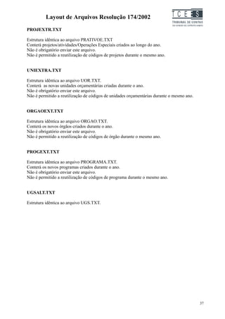 Layout de Arquivos Resolução 174/2002                              TC EES
PROJEXTR.TXT

Estrutura idêntica ao arquivo PRATIVOE.TXT
Conterá projetos/atividades/Operações Especiais criados ao longo do ano.
Não é obrigatório enviar este arquivo.
Não é permitido a reutilização de códigos de projetos durante o mesmo ano.


UNIEXTRA.TXT

Estrutura idêntica ao arquivo UOR.TXT.
Conterá as novas unidades orçamentárias criadas durante o ano.
Não é obrigatório enviar este arquivo.
Não é permitido a reutilização de códigos de unidades orçamentárias durante o mesmo ano.


ORGAOEXT.TXT

Estrutura idêntica ao arquivo ORGAO.TXT.
Conterá os novos órgãos criados durante o ano.
Não é obrigatório enviar este arquivo.
Não é permitido a reutilização de códigos de órgão durante o mesmo ano.


PROGEXT.TXT

Estrutura idêntica ao arquivo PROGRAMA.TXT.
Conterá os novos programas criados durante o ano.
Não é obrigatório enviar este arquivo.
Não é permitido a reutilização de códigos de programa durante o mesmo ano.


UGSALT.TXT

Estrutura idêntica ao arquivo UGS.TXT.




                                                                                           37
 