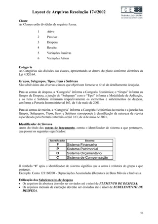 Layout de Arquivos Resolução 174/2002                               TC EES
Classe
As Classes estão divididas da seguinte forma:

              1      Ativo
              2      Passivo
              3      Despesa
              4      Receita
              5      Variações Passivas
              6      Variações Ativas

Categoria
As Categorias são divisões das classes, apresentando-se dentro do plano conforme diretrizes da
Lei 4.320/64.

Grupos, Subgrupos, Tipos, Itens e Subitens
São subdivisões das diversas classes que objetivam fornecer o nível de detalhamento desejado.

Para as contas de despesa, a “Categoria” informa a Categoria Econômica; o “Grupo” informa os
Grupos de Despesa, a junção do “Subgrupo” com o “Tipo” informa a Modalidade de Aplicação,
e os Itens e Subitens informam respectivamente os elementos e subelementos de despesa,
conforme a Portaria Interministerial 163, de 4 de maio de 2001.

Para as contas de receita, a “Categoria” informa a Categoria Econômica da receita e a junção dos
Grupos, Subgrupos, Tipos, Itens e Subitens corresponde à classificação da natureza de receita
especificada pela Portaria Interministerial 163, de 4 de maio de 2001.

Identificador de Sistema
Antes do título das contas de lançamento, consta o identificador do sistema a que pertencem,
que possui os seguintes significados:

                        Identificador              Sistema
                             F          Sistema Financeiro
                             P          Sistema Patrimonial
                             O          Sistema Orçamentário
                             C          Sistema de Compensação

O símbolo “#” após o identificador do sistema significa que a conta é redutora do grupo a que
pertence.
Exemplo: Conta 121160200 - Depreciações Acumuladas (Redutora de Bens Móveis e Imóveis).

Utilização dos Subelementos de despesa
• Os arquivos de abertura deverão ser enviados até o nível de ELEMENTO DE DESPESA;
• Os arquivos mensais de execução deverão ser enviados até o nível de SUBELEMENTO DE
  DESPESA.




                                                                                                56
 