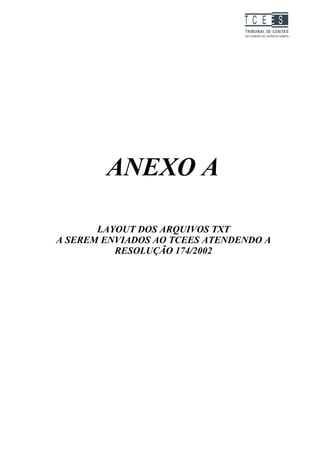 TC EES




        ANEXO A

       LAYOUT DOS ARQUIVOS TXT
A SEREM ENVIADOS AO TCEES ATENDENDO A
          RESOLUÇÃO 174/2002
 
