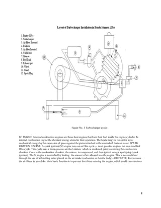 8
Figure No. 3 Turbocharger layout
I.C ENGINE Internal combustion engines are those heat engines that burn their fuel inside the engine cylinder. In
internal combustion engine the chemical energy stored in their operation. The heat energy is converted in to
mechanical energy by the expansion of gases against the piston attached to the crankshaft that can rotate. SPARK
IGNITION ENGINE A spark ignition (SI) engine runs on an Otto cycle— most gasoline engines run on a modified
Otto cycle. This cycle uses a homogeneous air-fuel mixture which is combined prior to entering the combustion
chamber. Once in the combustion chamber, the mixture is compressed, and then ignited using a spark plug (spark
ignition). The SI engine is controlled by limiting the amount of air allowed into the engine. This is accomplished
through the use of a throttling valve placed on the air intake (carburetor or throttle body). AIR FILTER For instance
the air filters in your bike; their basic function is to prevent dust from entering the engine, which could cause serious
 