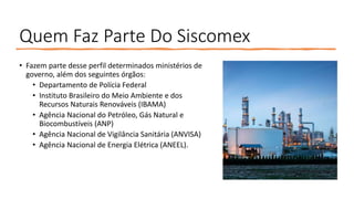 Quem Faz Parte Do Siscomex
• Fazem parte desse perfil determinados ministérios de
governo, além dos seguintes órgãos:
• Departamento de Polícia Federal
• Instituto Brasileiro do Meio Ambiente e dos
Recursos Naturais Renováveis (IBAMA)
• Agência Nacional do Petróleo, Gás Natural e
Biocombustíveis (ANP)
• Agência Nacional de Vigilância Sanitária (ANVISA)
• Agência Nacional de Energia Elétrica (ANEEL).
 