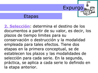 Etapa de Selección Expurgo 2. Selección : determina el destino de los documentos a partir de su valor, es decir, los plazos de tiempo limites para su conservación o destrucción y la modalidad empleada para tales efectos. Tiene dos etapas en la primera conceptual, se de establecen los plazos y las modalidades de selección para cada serie. En la segunda, práctica, se aplica a cada serie lo definido en la etapa anterior.  Etapas 