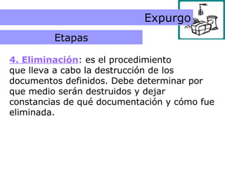 Eliminación Expurgo 4. Eliminación : es el procedimiento  que lleva a cabo la destrucción de los documentos definidos. Debe determinar por que medio serán destruidos y dejar constancias de qué documentación y cómo fue eliminada. Etapas 