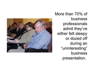 More than 70% of business professionals admit they’ve either felt sleepy or dozed off during an “uninteresting” business presentation.  