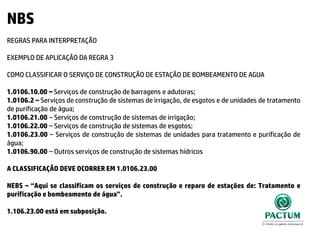NBS
REGRAS PARA INTERPRETAÇÃO
EXEMPLO DE APLICAÇÃO DA REGRA 3
COMO CLASSIFICAR O SERVIÇO DE CONSTRUÇÃO DE ESTAÇÃO DE BOMBEAMENTO DE AGUA
1.0106.10.00 – Serviços de construção de barragens e adutoras;
1.0106.2 – Serviços de construção de sistemas de irrigação, de esgotos e de unidades de tratamento
de purificação de água;
1.0106.21.00 – Serviços de construção de sistemas de irrigação;
1.0106.22.00 – Serviços de construção de sistemas de esgotos;
1.0106.23.00 – Serviços de construção de sistemas de unidades para tratamento e purificação de
água;
1.0106.90.00 – Outros serviços de construção de sistemas hídricos
A CLASSIFICAÇÃO DEVE OCORRER EM 1.0106.23.00
NEBS – “Aqui se classificam os serviços de construção e reparo de estações de: Tratamento e
purificação e bombeamento de água”.
1.106.23.00 está em subposição.
 