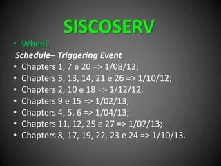 SISCOSERV
• When?
Schedule– Triggering Event
• Chapters 1, 7 e 20 => 1/08/12;
• Chapters 3, 13, 14, 21 e 26 => 1/10/12;
• Chapters 2, 10 e 18 => 1/12/12;
• Chapters 9 e 15 => 1/02/13;
• Chapters 4, 5, 6 => 1/04/13;
• Chapters 11, 12, 25 e 27 => 1/07/13;
• Chapters 8, 17, 19, 22, 23 e 24 => 1/10/13.
 