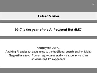 24
Future Vision
2017 is the year of the AI-Powered Bot (IMO)
And beyond 2017...
Applying AI and a bot experience to the traditional search engine, taking
Suggestive search from an aggregated audience experience to an
individualized 1:1 experience.
 