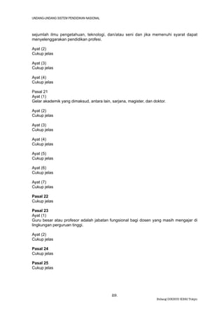UNDANG-UNDANG SISTEM PENDIDIKAN NASIONAL



sejumlah ilmu pengetahuan, teknologi, dan/atau seni dan jika memenuhi syarat dapat
menyelenggarakan pendidikan profesi.

Ayat (2)
Cukup jelas

Ayat (3)
Cukup jelas

Ayat (4)
Cukup jelas

Pasal 21
Ayat (1)
Gelar akademik yang dimaksud, antara lain, sarjana, magister, dan doktor.

Ayat (2)
Cukup jelas

Ayat (3)
Cukup jelas

Ayat (4)
Cukup jelas

Ayat (5)
Cukup jelas

Ayat (6)
Cukup jelas

Ayat (7)
Cukup jelas

Pasal 22
Cukup jelas

Pasal 23
Ayat (1)
Guru besar atau profesor adalah jabatan fungsional bagi dosen yang masih mengajar di
lingkungan perguruan tinggi.

Ayat (2)
Cukup jelas

Pasal 24
Cukup jelas

Pasal 25
Cukup jelas




                                           29.
                                                                    Bidang DIKBUD KBRI Tokyo
 