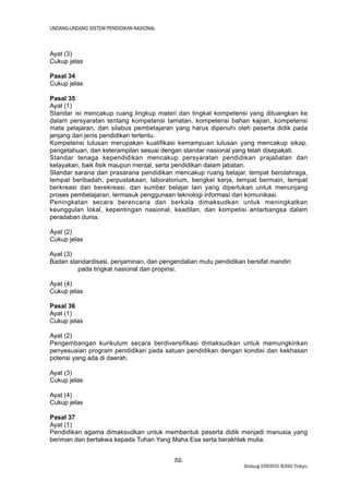 UNDANG-UNDANG SISTEM PENDIDIKAN NASIONAL



Ayat (3)
Cukup jelas

Pasal 34
Cukup jelas

Pasal 35
Ayat (1)
Standar isi mencakup ruang lingkup materi dan tingkat kompetensi yang dituangkan ke
dalam persyaratan tentang kompetensi tamatan, kompetensi bahan kajian, kompetensi
mata pelajaran, dan silabus pembelajaran yang harus dipenuhi oleh peserta didik pada
jenjang dan jenis pendidikan tertentu.
Kompetensi lulusan merupakan kualifikasi kemampuan lulusan yang mencakup sikap,
pengetahuan, dan keterampilan sesuai dengan standar nasional yang telah disepakati.
Standar tenaga kependidikan mencakup persyaratan pendidikan prajabatan dan
kelayakan, baik fisik maupun mental, serta pendidikan dalam jabatan.
Standar sarana dan prasarana pendidikan mencakup ruang belajar, tempat berolahraga,
tempat beribadah, perpustakaan, laboratorium, bengkel kerja, tempat bermain, tempat
berkreasi dan berekreasi, dan sumber belajar lain yang diperlukan untuk menunjang
proses pembelajaran, termasuk penggunaan teknologi informasi dan komunikasi.
Peningkatan secara berencana dan berkala dimaksudkan untuk meningkatkan
keunggulan lokal, kepentingan nasional, keadilan, dan kompetisi antarbangsa dalam
peradaban dunia.

Ayat (2)
Cukup jelas

Ayat (3)
Badan standardisasi, penjaminan, dan pengendalian mutu pendidikan bersifat mandiri
         pada tingkat nasional dan propinsi.

Ayat (4)
Cukup jelas

Pasal 36
Ayat (1)
Cukup jelas

Ayat (2)
Pengembangan kurikulum secara berdiversifikasi dimaksudkan untuk memungkinkan
penyesuaian program pendidikan pada satuan pendidikan dengan kondisi dan kekhasan
potensi yang ada di daerah.

Ayat (3)
Cukup jelas

Ayat (4)
Cukup jelas

Pasal 37
Ayat (1)
Pendidikan agama dimaksudkan untuk membentuk peserta didik menjadi manusia yang
beriman dan bertakwa kepada Tuhan Yang Maha Esa serta berakhlak mulia.


                                           32.
                                                                  Bidang DIKBUD KBRI Tokyo
 
