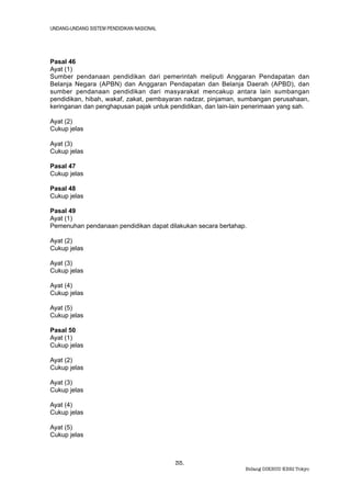 UNDANG-UNDANG SISTEM PENDIDIKAN NASIONAL




Pasal 46
Ayat (1)
Sumber pendanaan pendidikan dari pemerintah meliputi Anggaran Pendapatan dan
Belanja Negara (APBN) dan Anggaran Pendapatan dan Belanja Daerah (APBD), dan
sumber pendanaan pendidikan dari masyarakat mencakup antara lain sumbangan
pendidikan, hibah, wakaf, zakat, pembayaran nadzar, pinjaman, sumbangan perusahaan,
keringanan dan penghapusan pajak untuk pendidikan, dan lain-lain penerimaan yang sah.

Ayat (2)
Cukup jelas

Ayat (3)
Cukup jelas

Pasal 47
Cukup jelas

Pasal 48
Cukup jelas

Pasal 49
Ayat (1)
Pemenuhan pendanaan pendidikan dapat dilakukan secara bertahap.

Ayat (2)
Cukup jelas

Ayat (3)
Cukup jelas

Ayat (4)
Cukup jelas

Ayat (5)
Cukup jelas

Pasal 50
Ayat (1)
Cukup jelas

Ayat (2)
Cukup jelas

Ayat (3)
Cukup jelas

Ayat (4)
Cukup jelas

Ayat (5)
Cukup jelas



                                           35.
                                                                Bidang DIKBUD KBRI Tokyo
 
