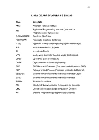viii



             LISTA DE ABREVIATURAS E SIGLAS

Sigla         Descrição
ANSI          Página National Institute
              American
              Application Programming Interface (Interface de
API
              Programação de Aplicações)
E-COMMERCE    Comércio Eletrônico
FEBRABAN      Federação Brasileira de Bancos
HTML          Hypertext Markup Language (Linguagem de Marcação
IES           Hipertexto)de Ensino Superior
              Instituição
IR            Imposto de Renda
MVC           Model-View-Controller (Modelo-Visão-Controlador)
ODBC          Open Data Base Connectivity
OOSE          Object-oriented software engineering
PHP           PHP Hypertext Processor (Processador de Hipertexto PHP)
RUP           Rational Unified Process (Processo Unificado da Rational)
SGBDOR        Sistema de Gerenciamento de Banco de Dados Objeto
SGBG          Relacional Gerenciamento de Banco de Dados
              Sistema de
SISEDU        Sistema Educacional
SQL           Structured Query Language (Linguagem de Consulta
UML           Estruturada)
              Unified Modeling Language (Linguagem Única de
XP            Modelagem)
              Extreme Programming (Programação Extrema)
 