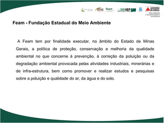 Feam - Fundação Estadual do Meio Ambiente



 A Feam tem por finalidade executar, no âmbito do Estado de Minas
 Gerais, a política de proteção, conservação e melhoria da qualidade
 ambiental no que concerne à prevenção, à correção da poluição ou da
 degradação ambiental provocada pelas atividades industriais, minerárias e
 de infra-estrutura, bem como promover e realizar estudos e pesquisas
 sobre a poluição e qualidade do ar, da água e do solo.
 