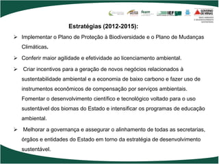 Estratégias (2012-2015):
 Implementar o Plano de Proteção à Biodiversidade e o Plano de Mudanças
   Climáticas.

 Conferir maior agilidade e efetividade ao licenciamento ambiental.

 Criar incentivos para a geração de novos negócios relacionados à
   sustentabilidade ambiental e a economia de baixo carbono e fazer uso de
   instrumentos econômicos de compensação por serviços ambientais.
   Fomentar o desenvolvimento científico e tecnológico voltado para o uso
   sustentável dos biomas do Estado e intensificar os programas de educação
   ambiental.

 Melhorar a governança e assegurar o alinhamento de todas as secretarias,
   órgãos e entidades do Estado em torno da estratégia de desenvolvimento
   sustentável.
 