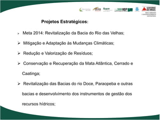 Projetos Estratégicos:

   Meta 2014: Revitalização da Bacia do Rio das Velhas;

 Mitigação e Adaptação às Mudanças Climáticas;

 Redução e Valorização de Resíduos;

 Conservação e Recuperação da Mata Atlântica, Cerrado e

    Caatinga;

 Revitalização das Bacias do rio Doce, Paraopeba e outras

    bacias e desenvolvimento dos instrumentos de gestão dos

    recursos hídricos;
 